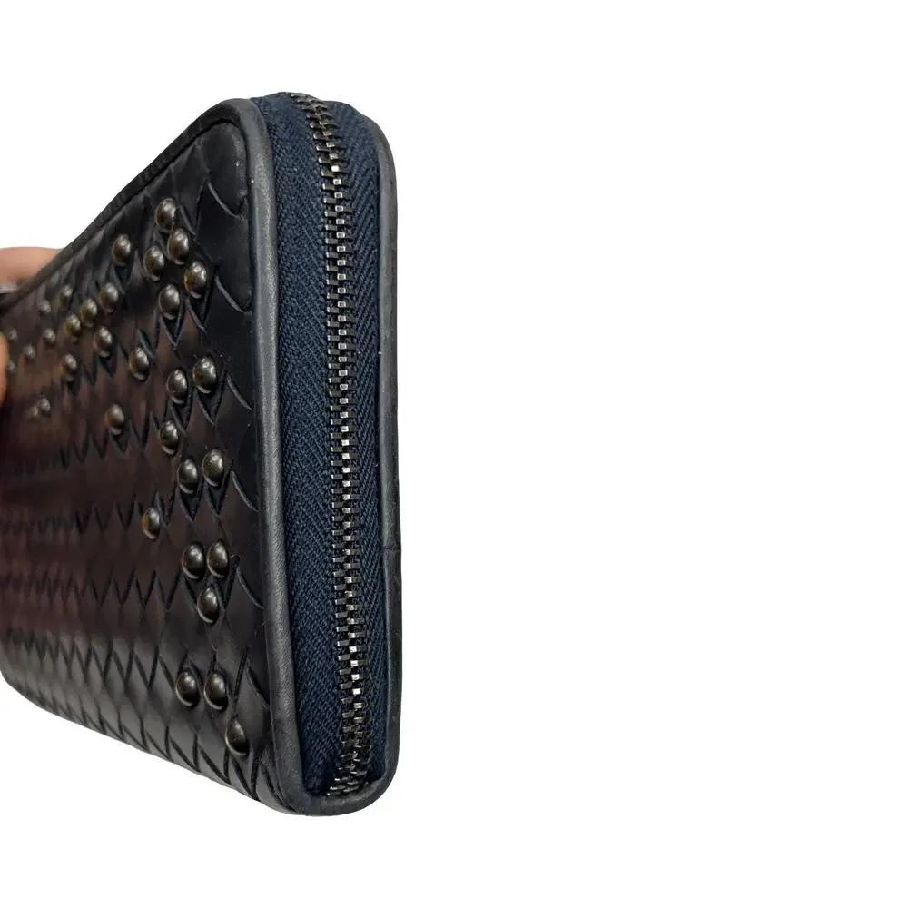 Bottega Veneta Intrecciato Studded Zip Around Wallet Wristlet Black Leather EUC